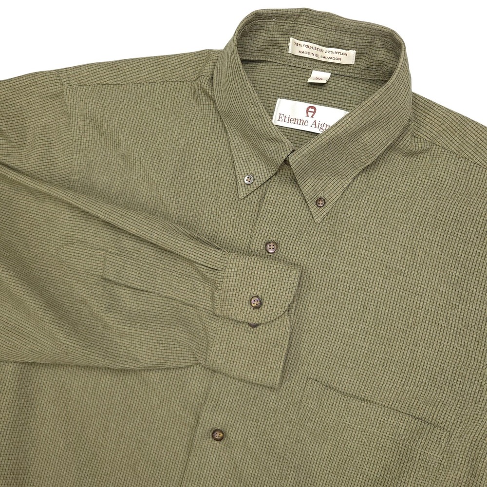 Etienne Aigner Shirt Mens Large Green Check Button Down Long Sleeve Casual